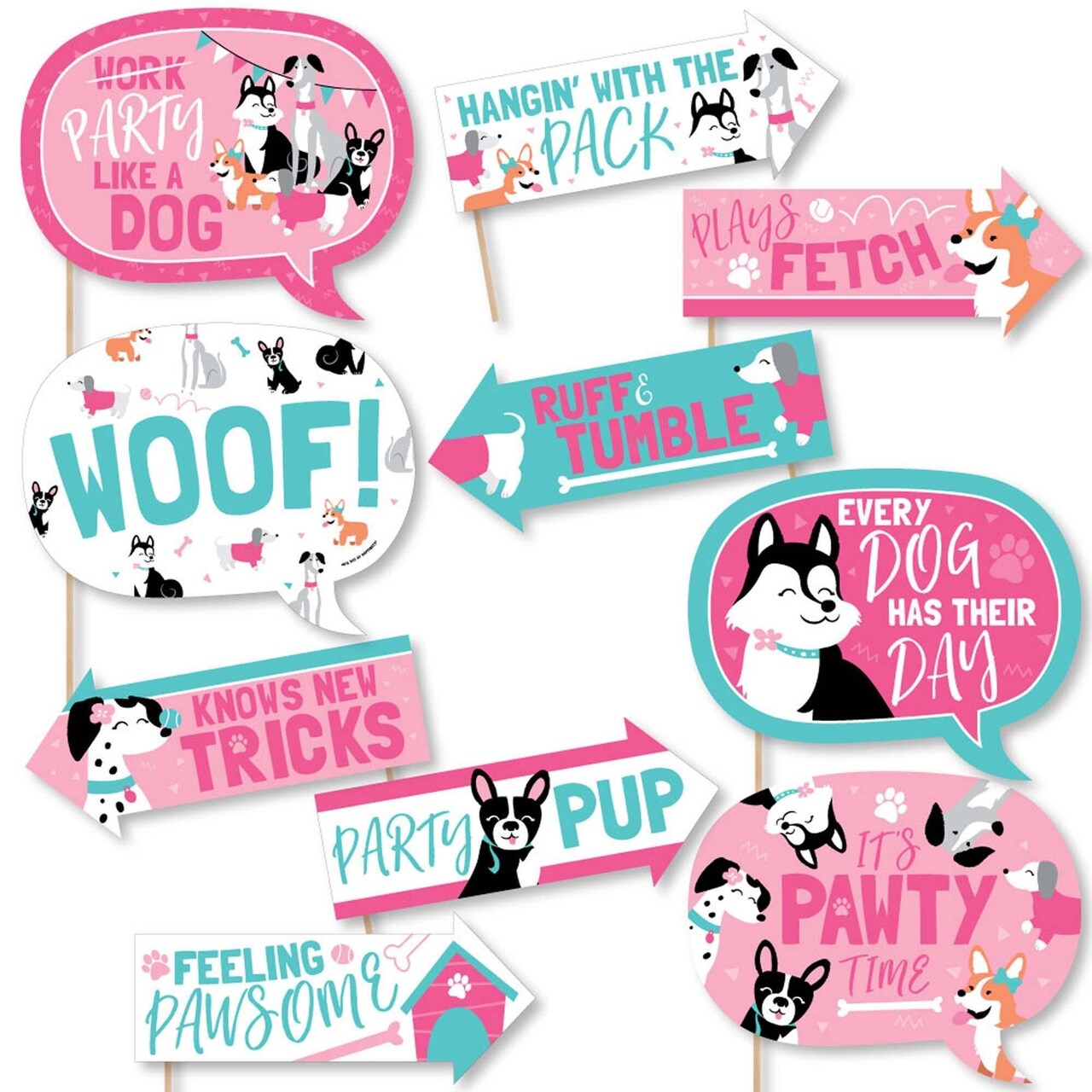 Big Dot of Happiness Funny Pawty Like a Puppy Girl - Pink Dog Baby Shower or Birthday Party Photo Booth Props Kit - 10 Piece